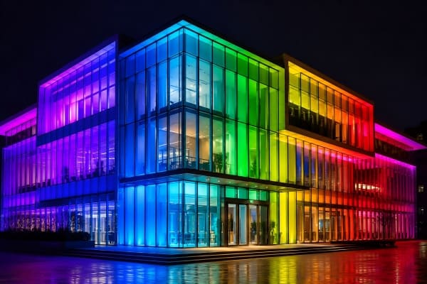 A modern building with a glass facade showing vibrant RGB color-changing effects